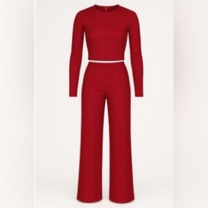 SKIMS Brick Red Pajama Lounge Set cropped top and wide legs